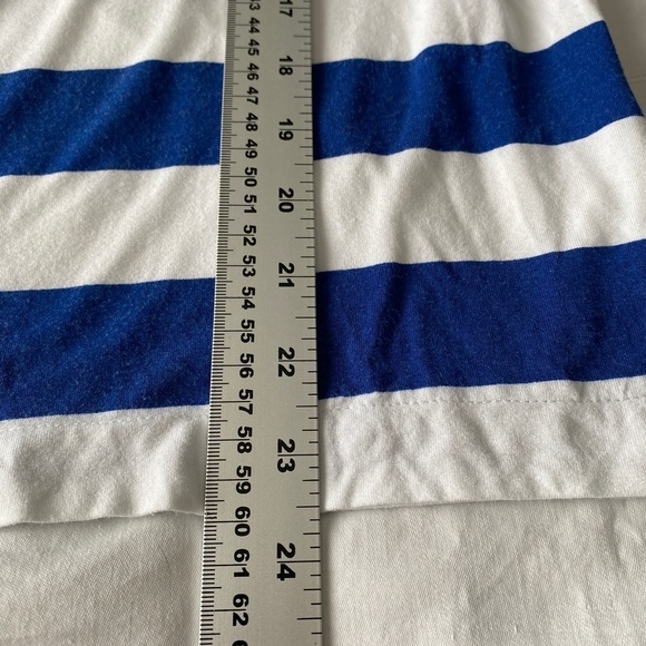 Melanie Lyne Women's Short Ruffled Sleeve Blue + White Stipe T-shirt Size Medium - Picture 9 of 10